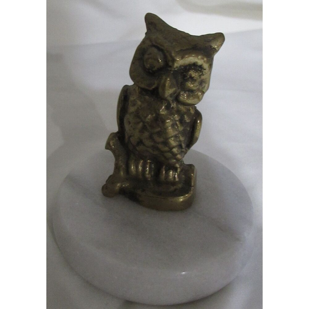 Vintage solid brass owl on marble stand made in Taiwan